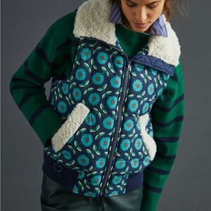Anthropologie Maeve Blue Floral Vest with Sherpa Trim